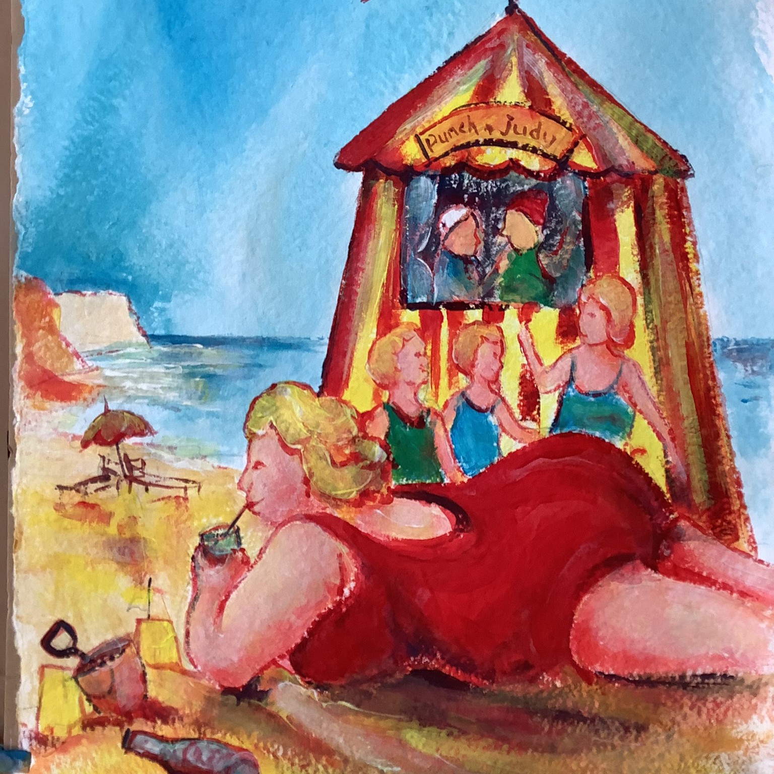 A fat lady relaxing at the beach